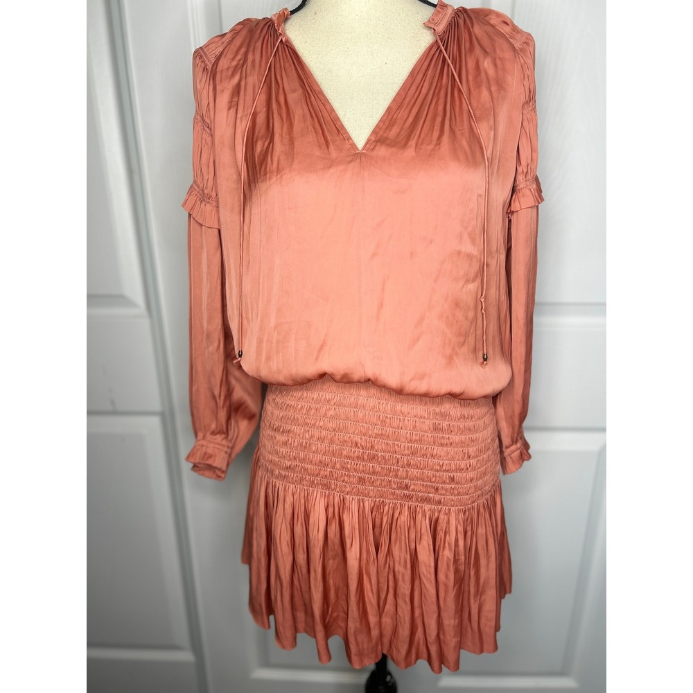 Ulla Johnson Coral Smocked Mini Dress Sz 2 Ruffle V-Neck Long Sleeve Drop Waist